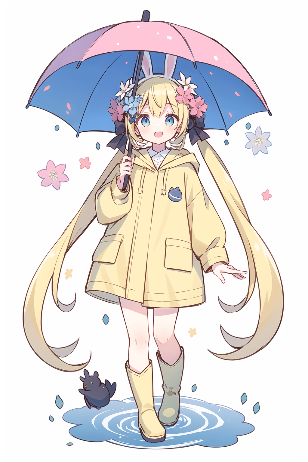 00630-319742857-1girl,rainbow,raincoat,yellow raincoat,rubber boots,hydrangea,flower,long hair,twintails,boots,blush,umbrella,open mouth,hair or.png